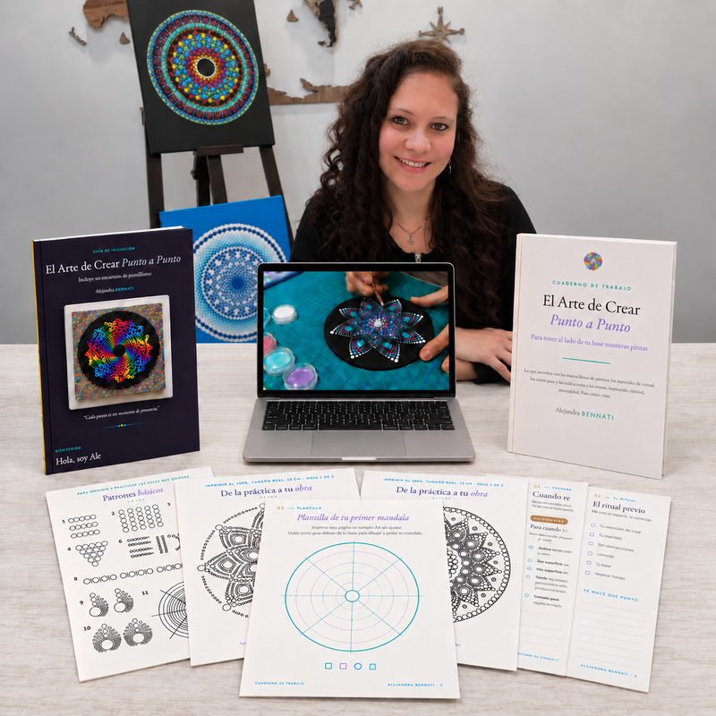Las piezas del pack: la masterclass en la notebook, la guia y el cuaderno impresos, y los seis imprimibles