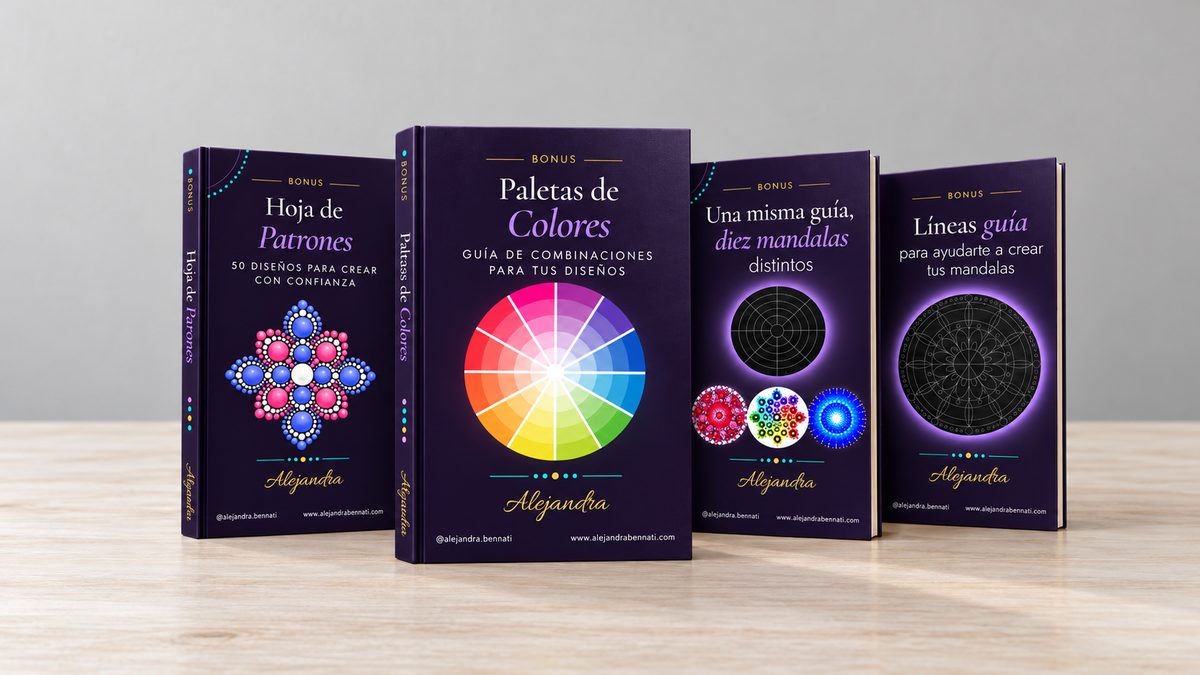 Los cuatro bonos juntos, como libros: Hoja de Patrones, Paletas de Colores, Una misma guía y Líneas guía