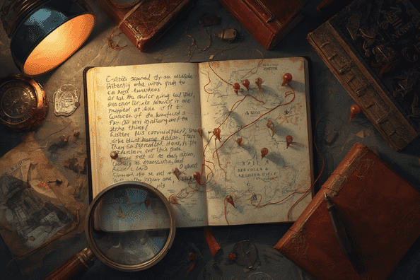 open book with a map & notes. magnifying glass on table