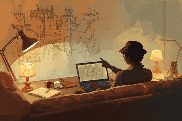 man looking at laptop with a castle on the wall