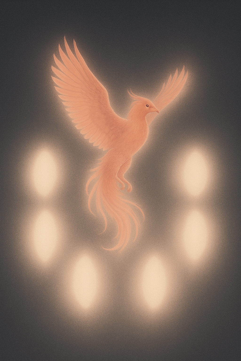 A phoenix in the center of 6 light beings