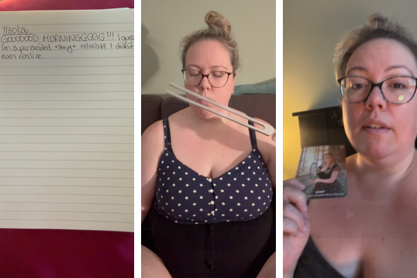 Three vertical photos in a collage: a journal, Karolina using a tuning fork, Karolina with an Oracle card in bed