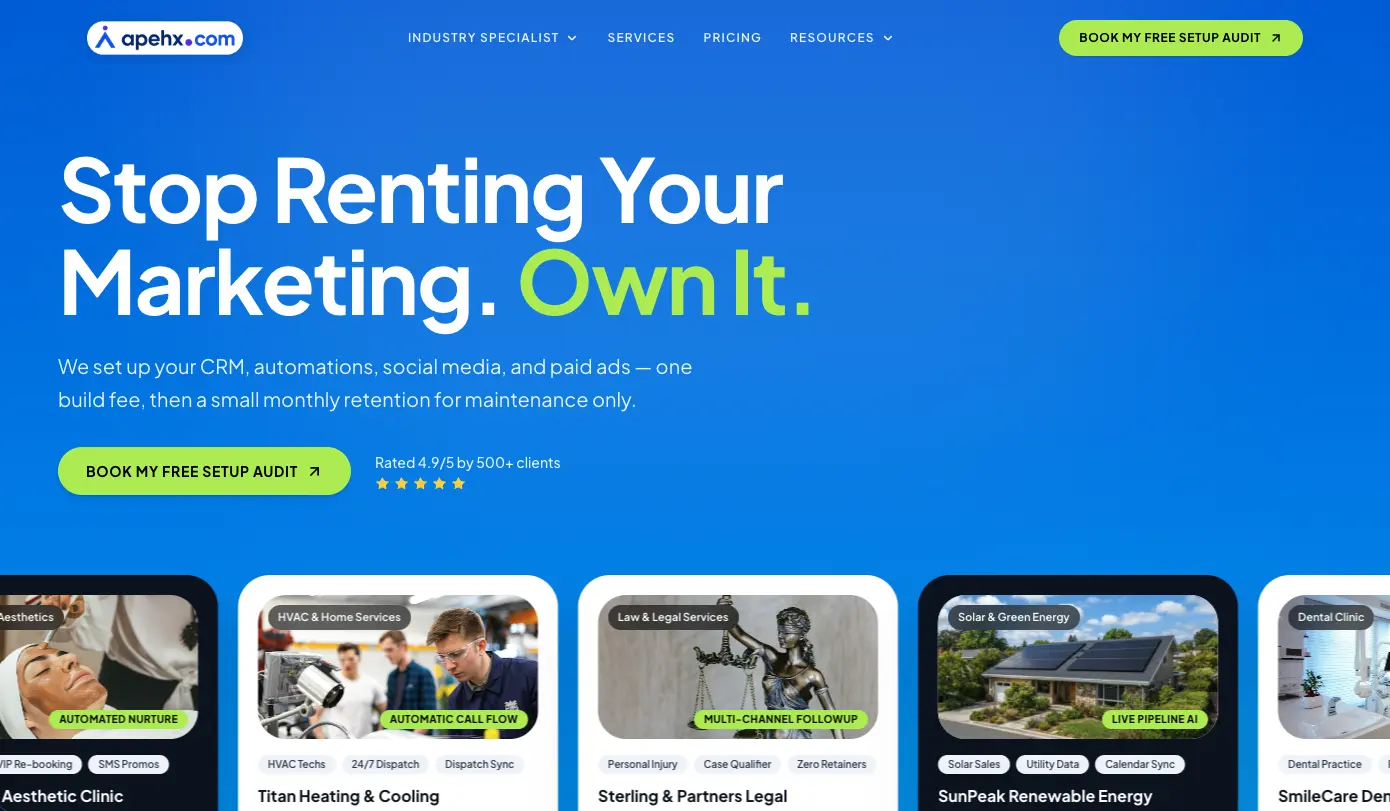 Apehx Digital — Retainer-Free Marketing & CRM Platform live platform screenshot