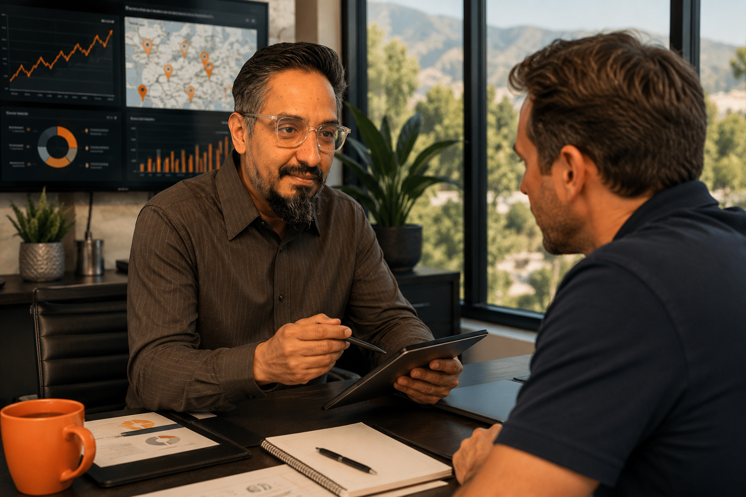 Business owner reviewing customer growth and digital marketing performance