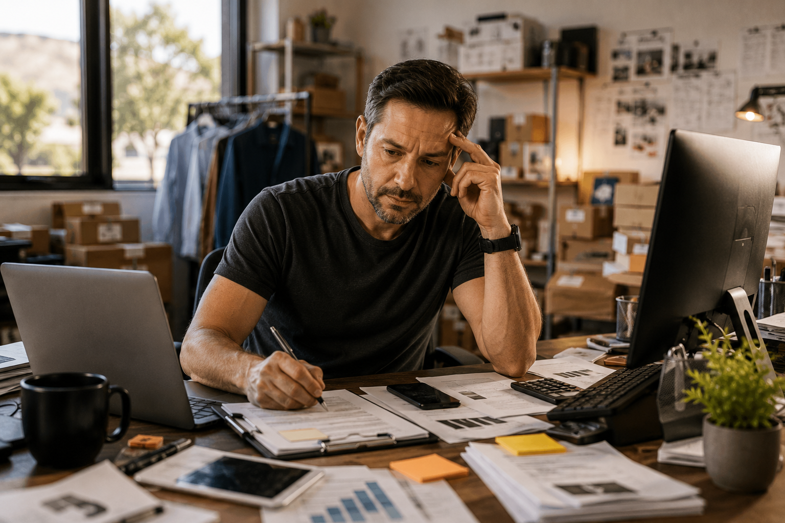 Business owner overwhelmed by websites reviews AI and digital marketing technology