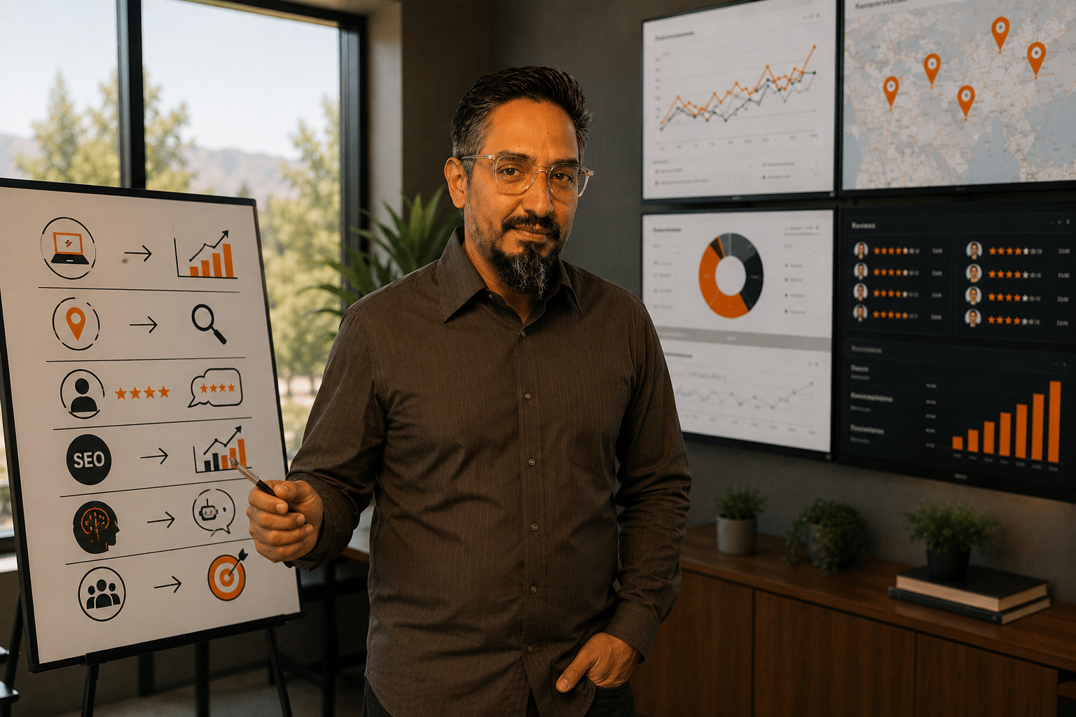 Business owner working with marketing strategist on visibility reviews website and growth plan