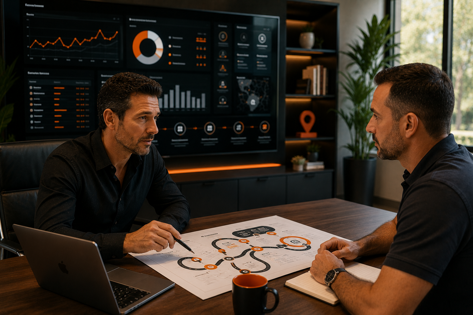 Business owner reviewing a professional growth assessment with a Geo Accurate strategist