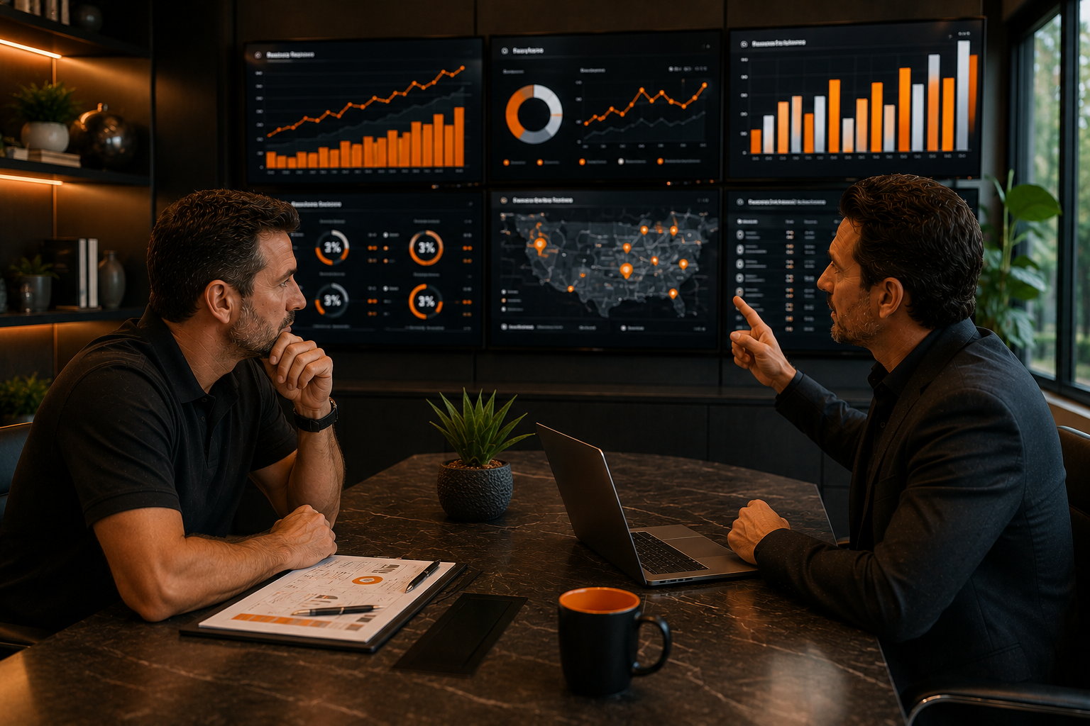 Business owner reviewing growth projections and return on investment