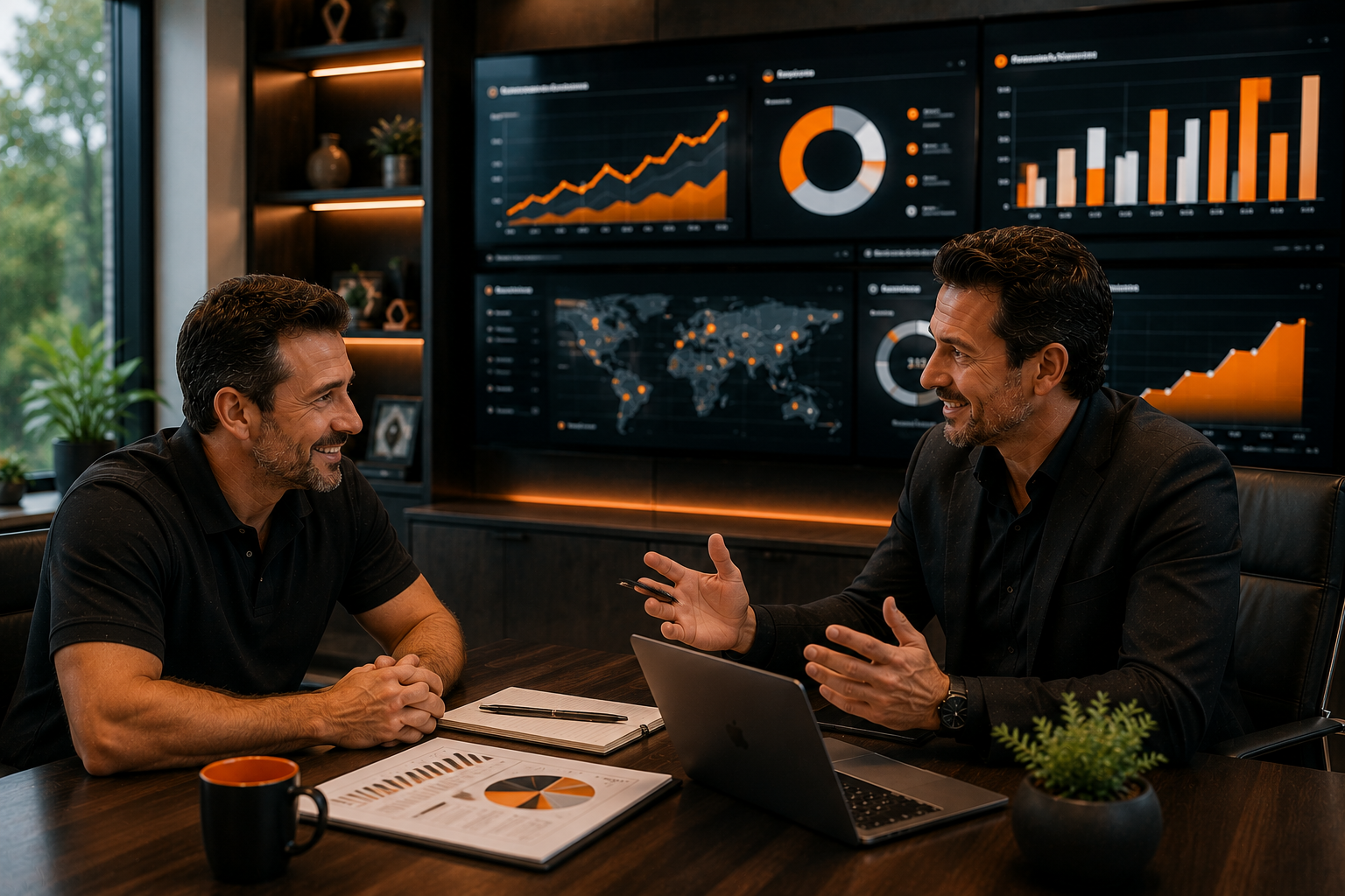 Business owner confidently reviewing long-term business growth strategy