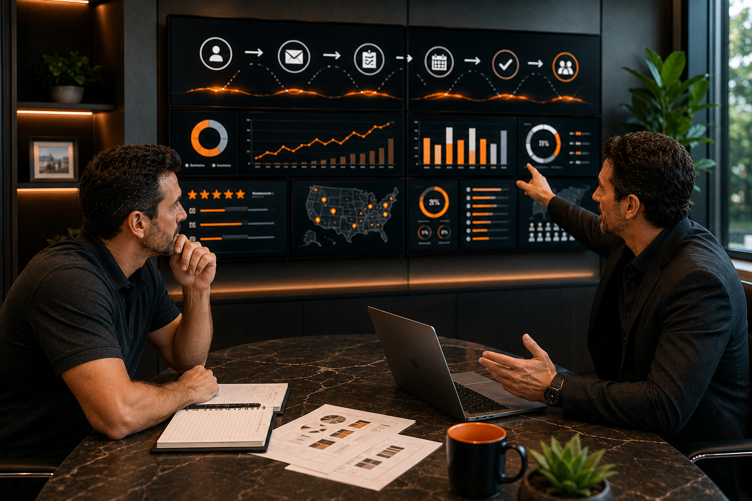 Business owner reviewing a connected growth systems roadmap with a professional strategist