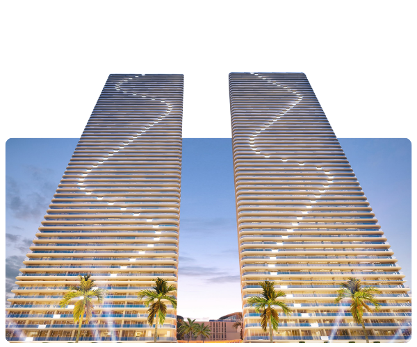 Torres gemelas Aria Reserve Miami frente a Biscayne Bay
