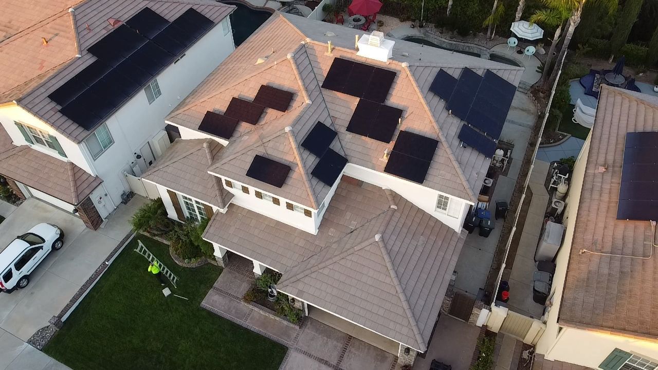 Aerial view of a solar roof install
