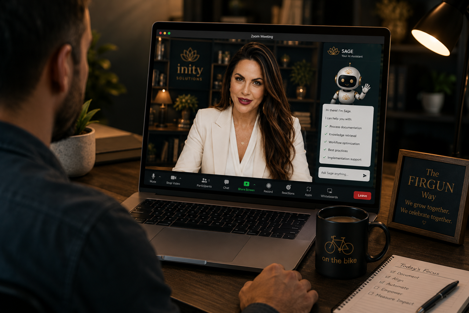 Business leader guiding a client through AI implementation with an AI assistant