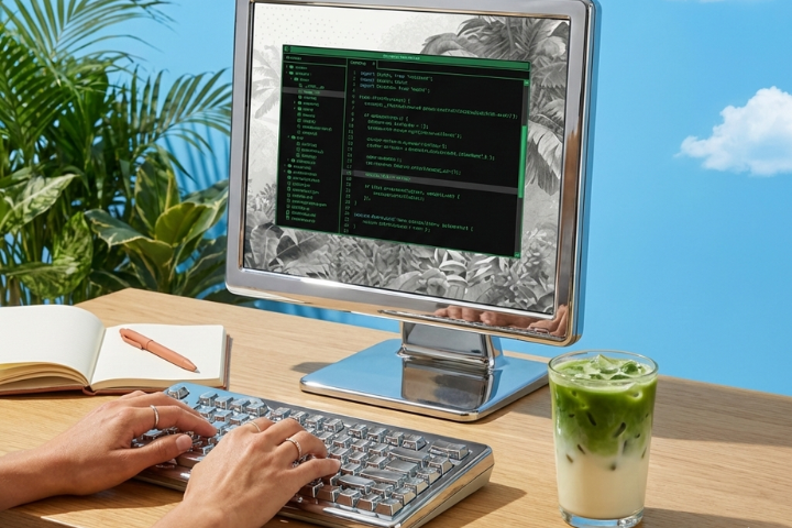 Hands typing on chrome computer with code on screen
