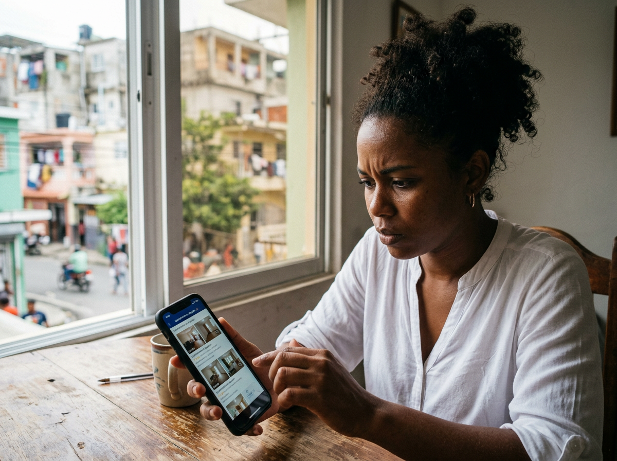 Joven dominicana revisando anuncios de apartamentos en su teléfono con expresión preocupada, representando la ansiedad en la búsqueda de vivienda