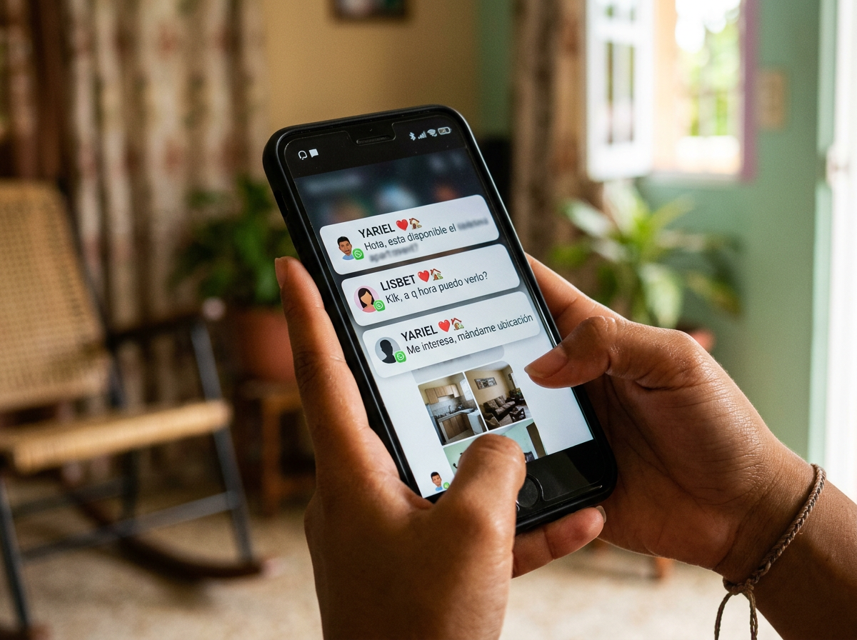 Teléfono móvil mostrando múltiples mensajes de diferentes contactos respondiendo sobre el mismo apartamento en República Dominicana Teléfono móvil mostrando múltiples mensajes de diferentes contactos respondiendo sobre el mismo apartamento en República Dominicana