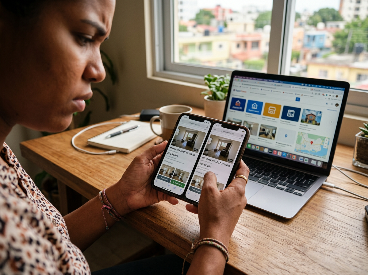 Manos de compradora dominicana comparando diferentes precios de la misma propiedad en su teléfono móvil