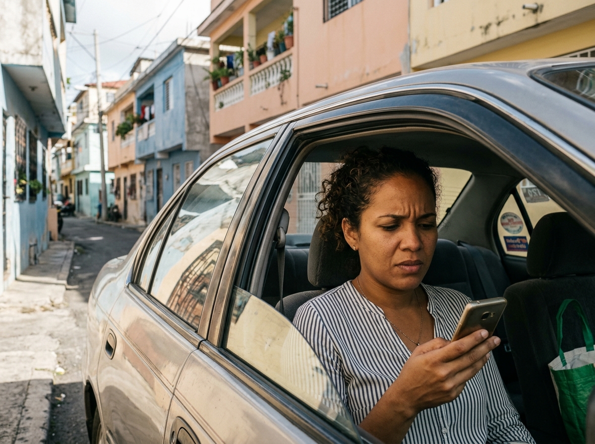 Compradora dominicana verificando ubicación real de propiedad desde su vehículo, mostrando confusión al encontrar diferencias entre la ubicación anunciada online y la realidad Compradora dominicana verificando ubicación real de propiedad desde su vehículo, mostrando confusión al encontrar diferencias entre la ubicación anunciada online y la realidad