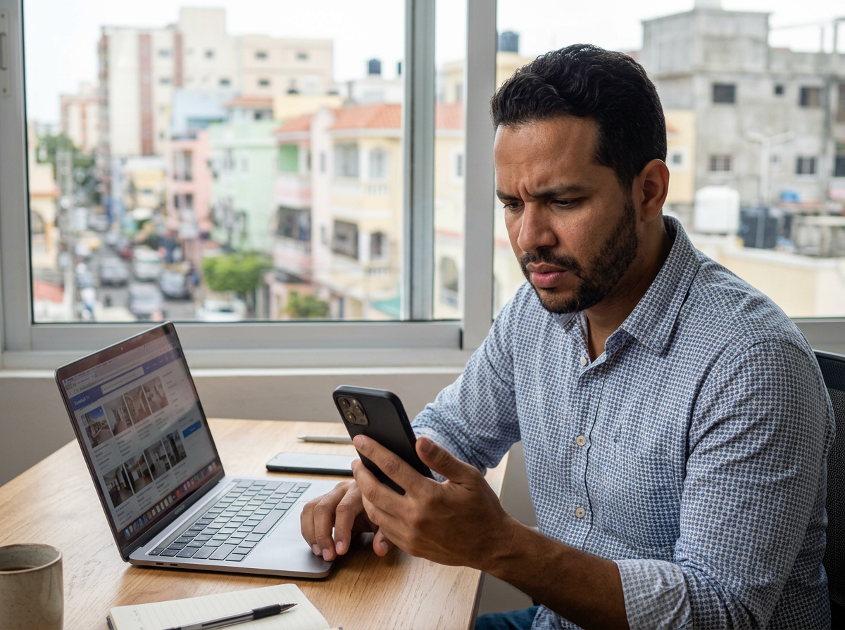 Comprador dominicano confundido revisando mensajes sobre propiedades en su teléfono mientras busca apartamento