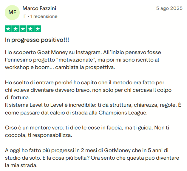 Recensione Trustpilot di uno studente GOAT Money