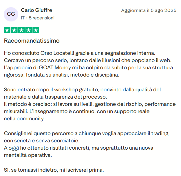 Recensione Trustpilot di uno studente GOAT Money