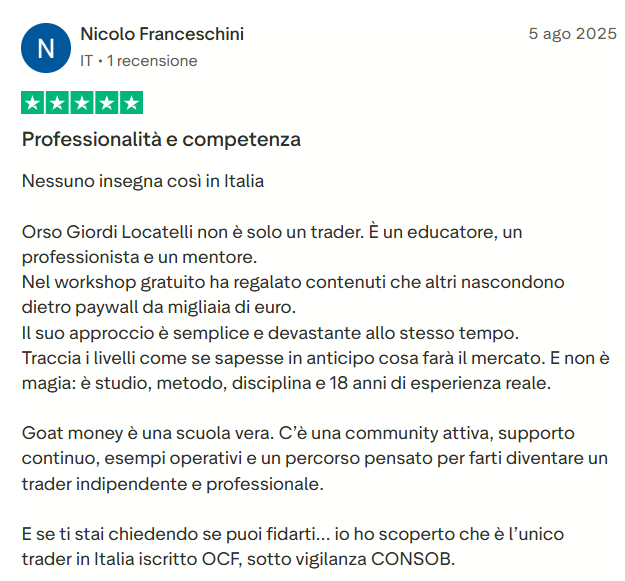 Recensione Trustpilot di uno studente GOAT Money