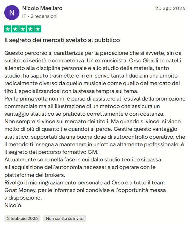 Recensione Trustpilot di uno studente GOAT Money