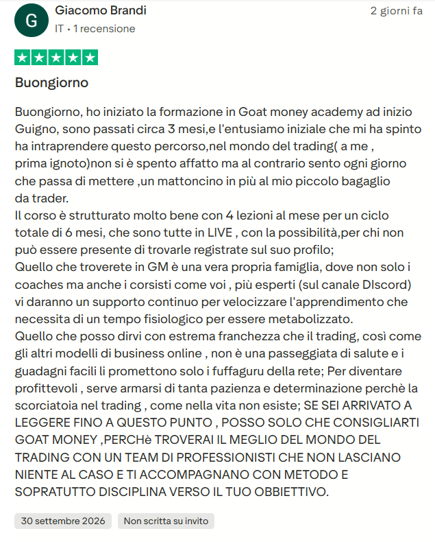 Recensione Trustpilot di uno studente GOAT Money