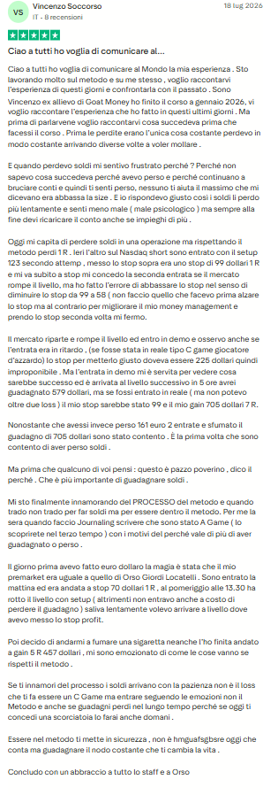 Recensione Trustpilot di uno studente GOAT Money
