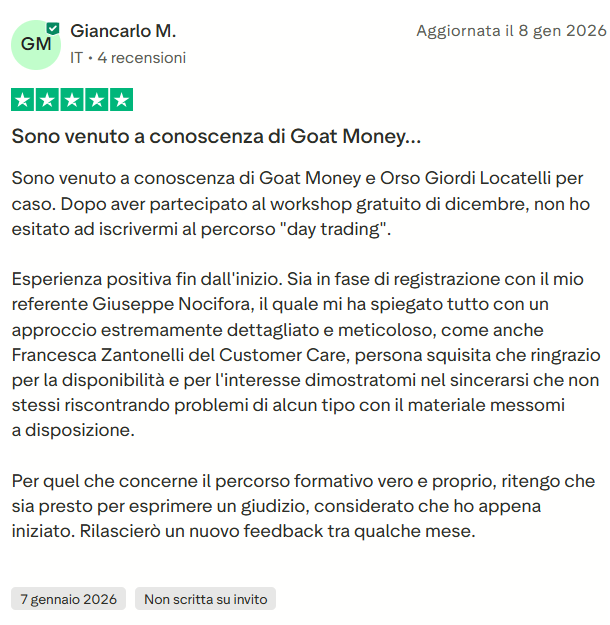 Recensione Trustpilot di uno studente GOAT Money