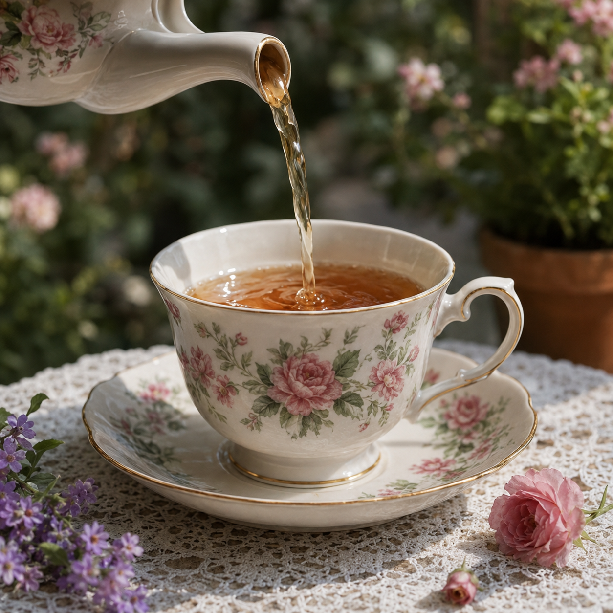 Herbal tea being poured into a floral teacup