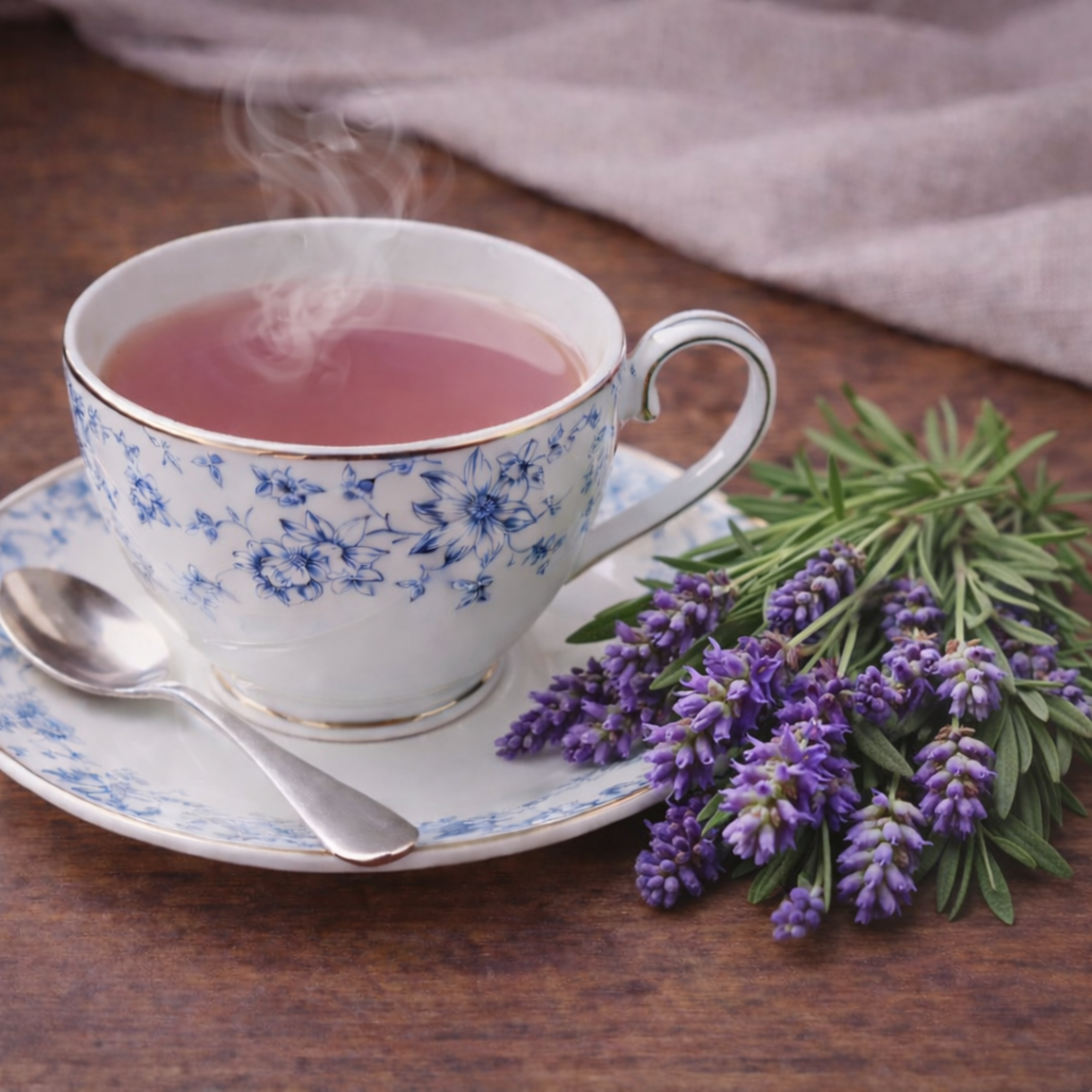 Herbal tea being poured into a floral teacup