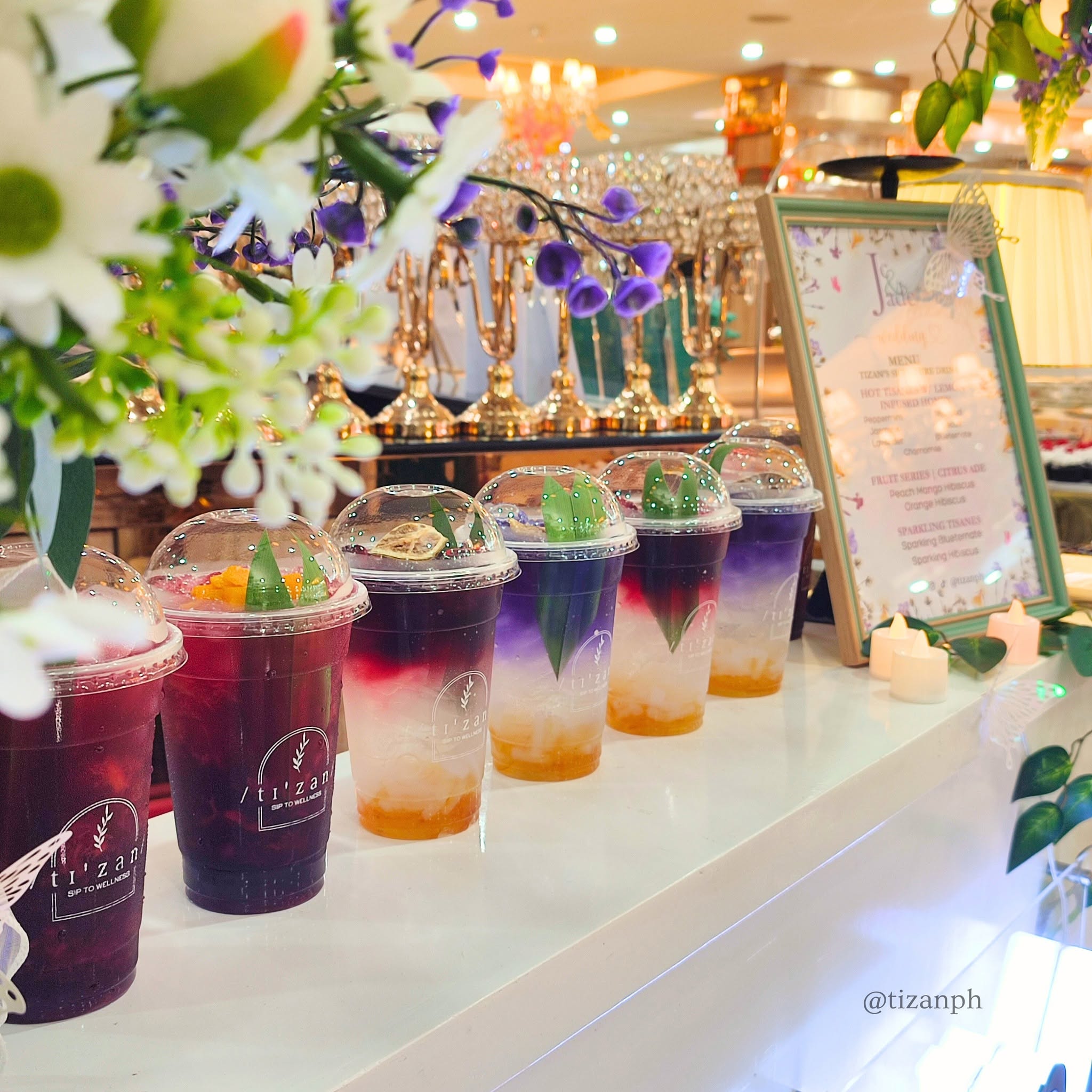 A colorful line of chilled Tizan fruit tea drinks