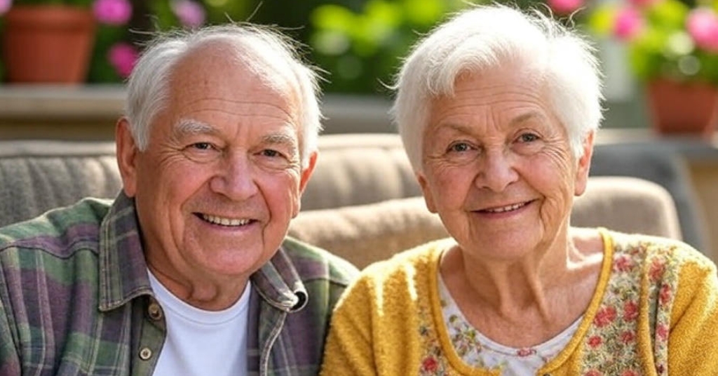 Happy senior couple smiling together on couch