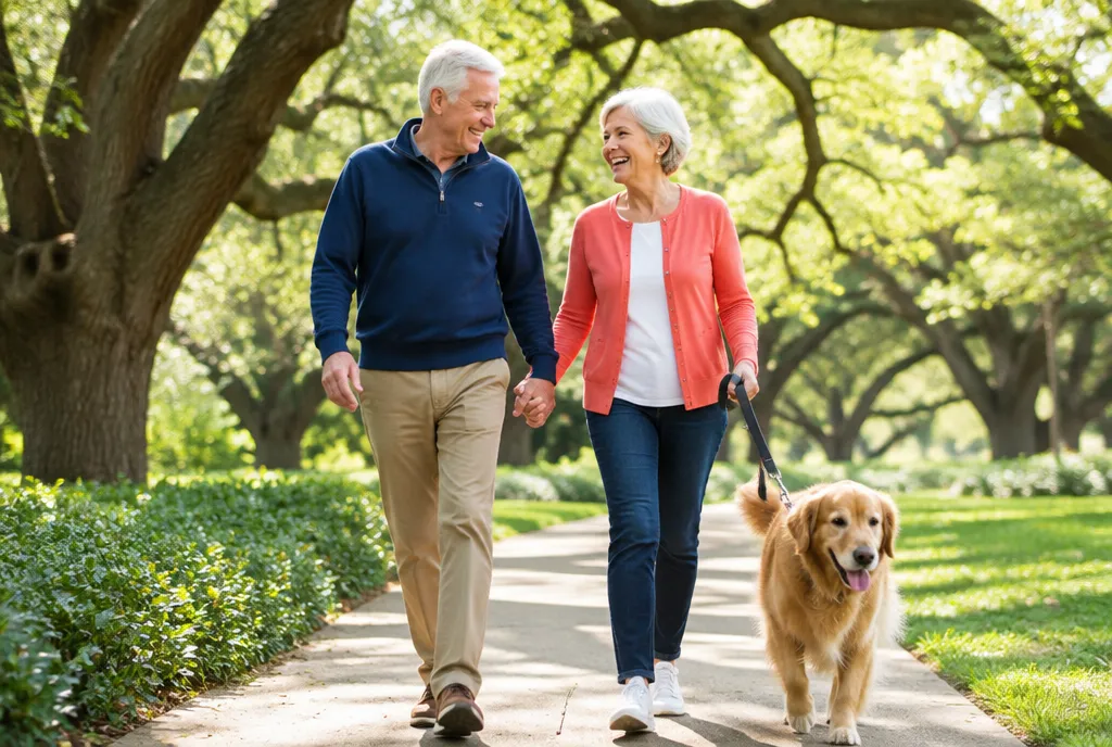 Active senior couple walking their dog in the park