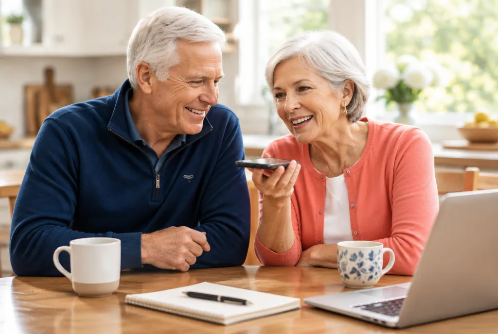 Senior couple smiling at their kitchen table while on a phone call