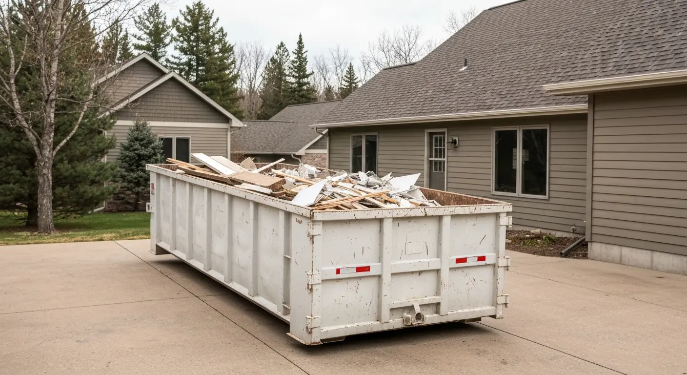 Residential dumpster in Cedar driveway