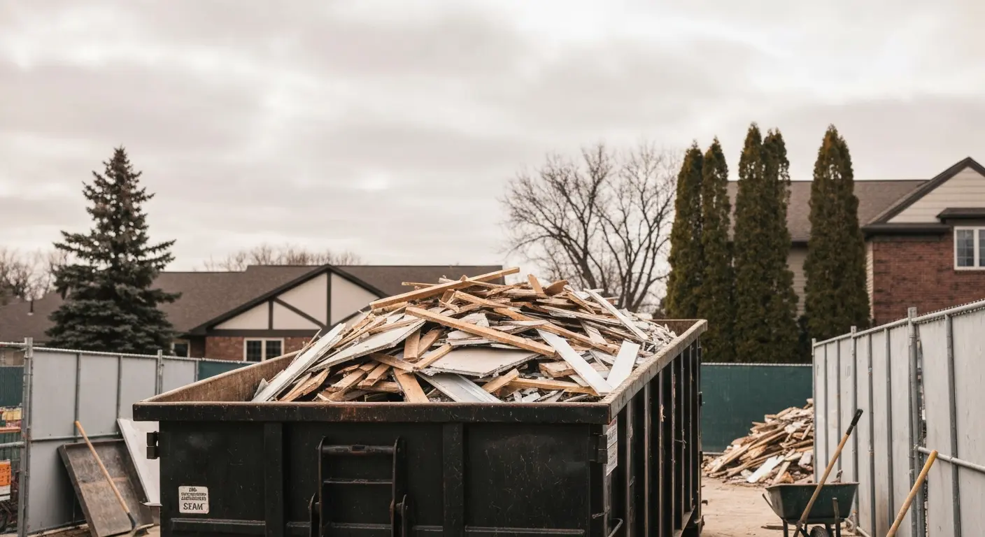 Construction debris in dumpster