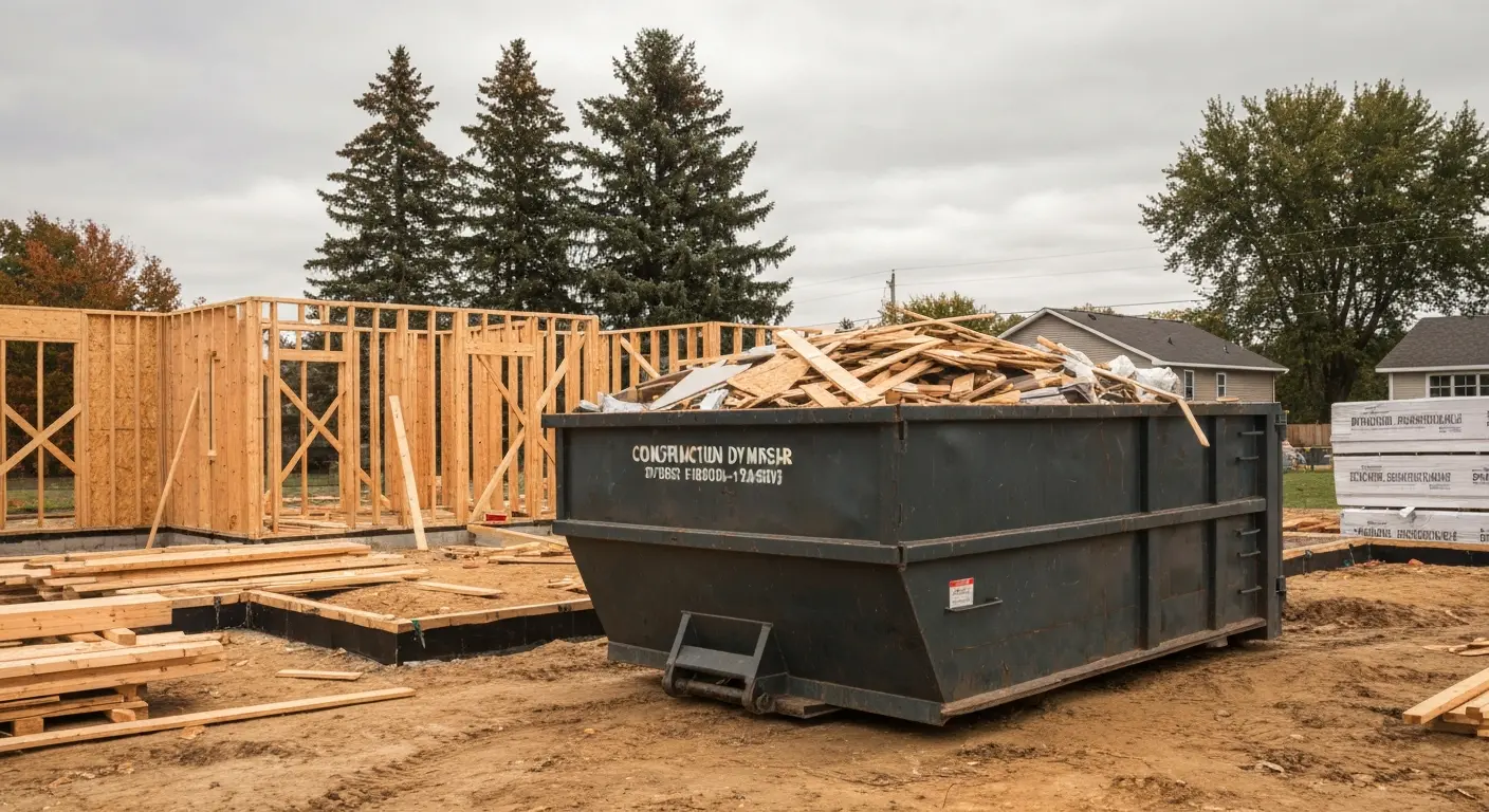 Large construction dumpster on new build site