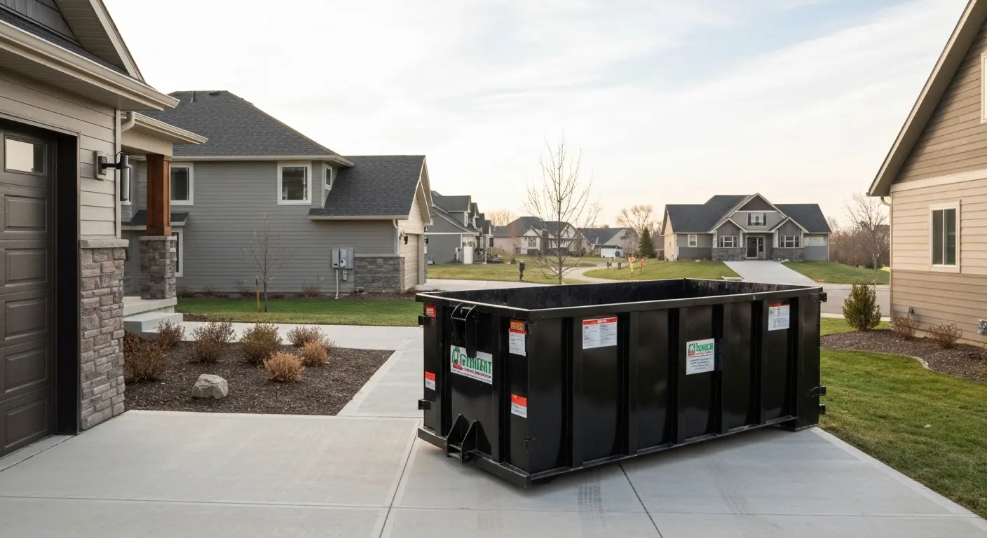 Residential dumpster on driveway