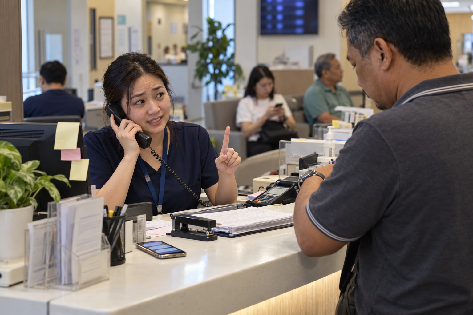 A clinic receptionist on the phone while a patient waits at the counter