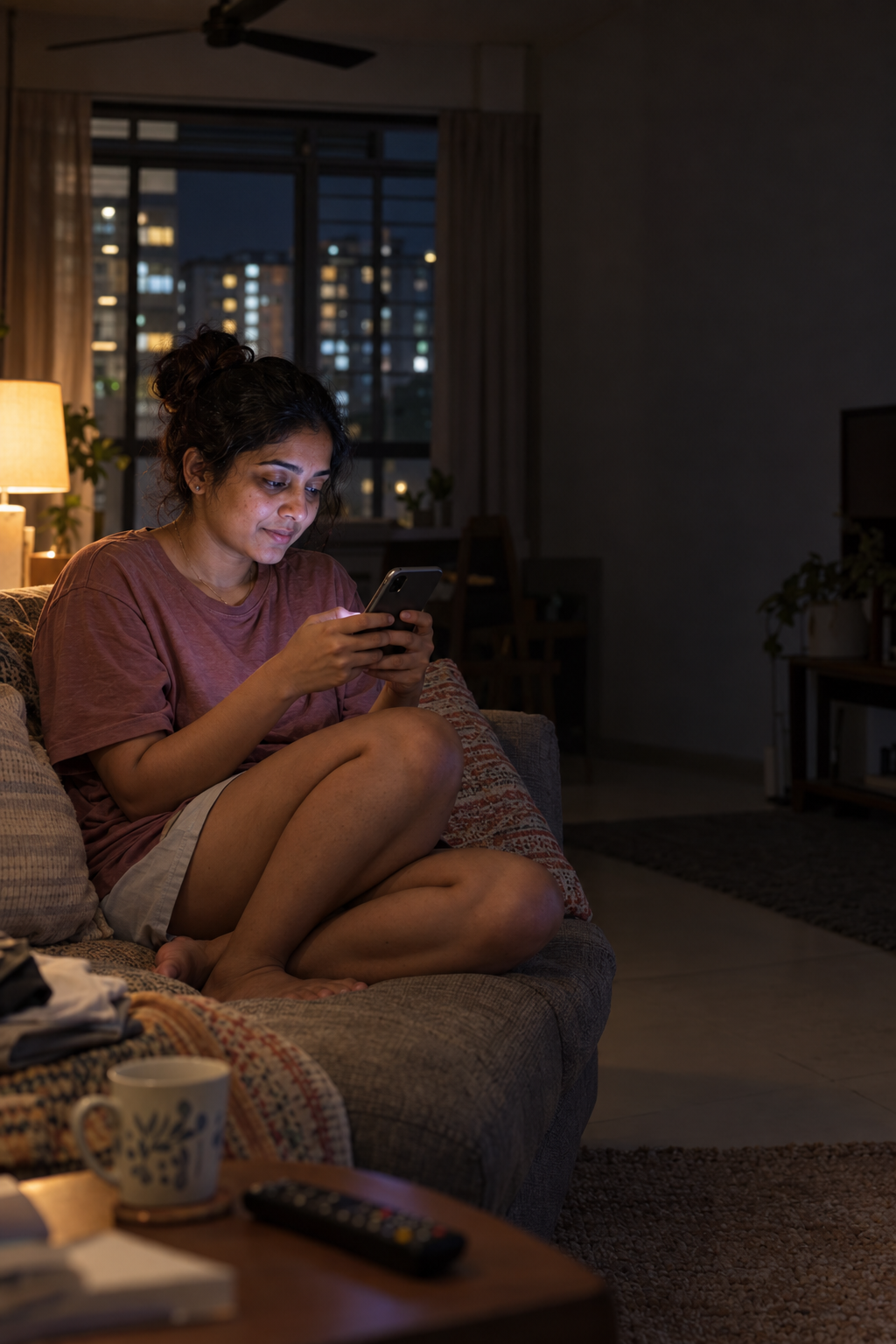 A woman at home in the evening messaging a clinic on her phone