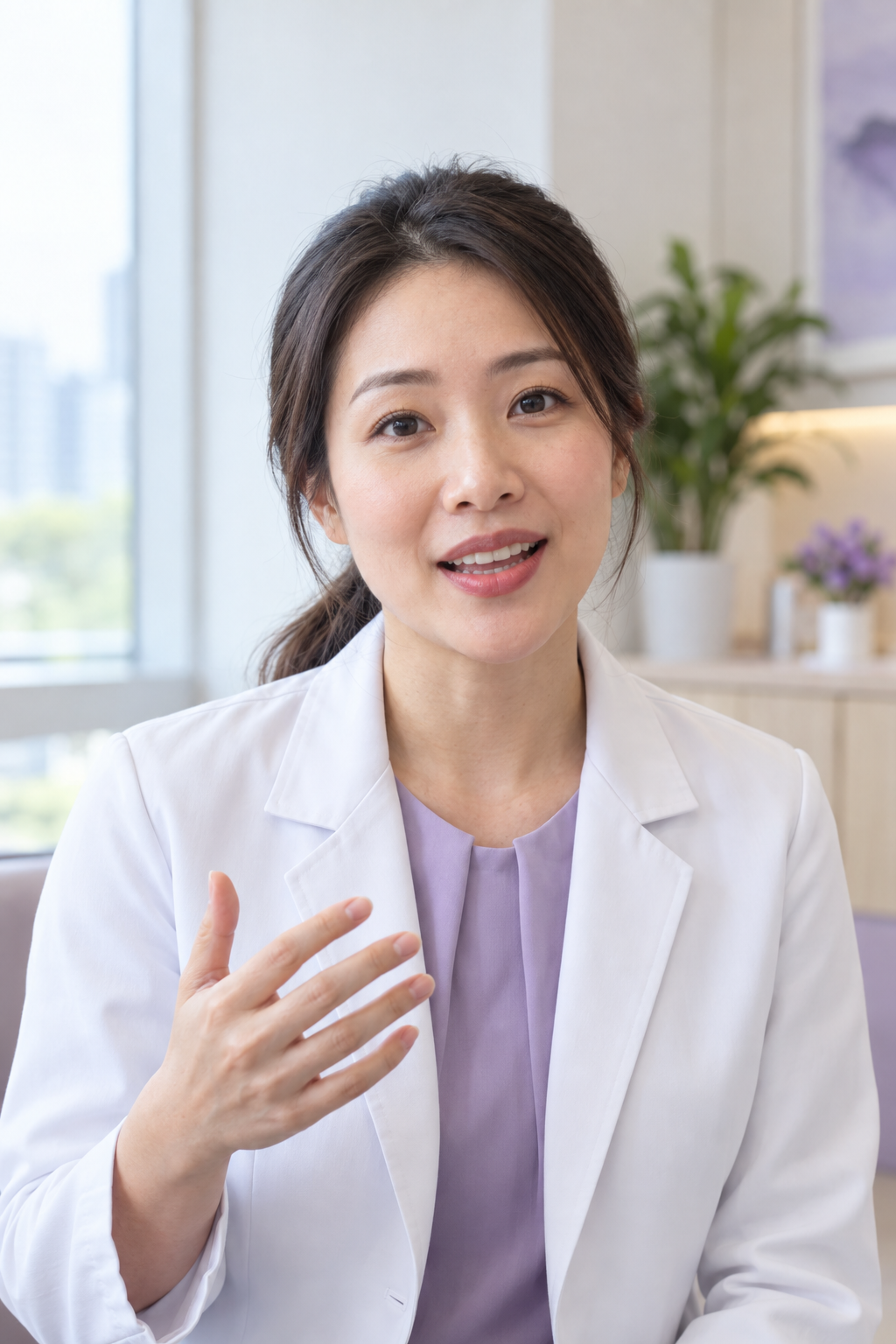 Doctor explaining a treatment to camera in her consultation room