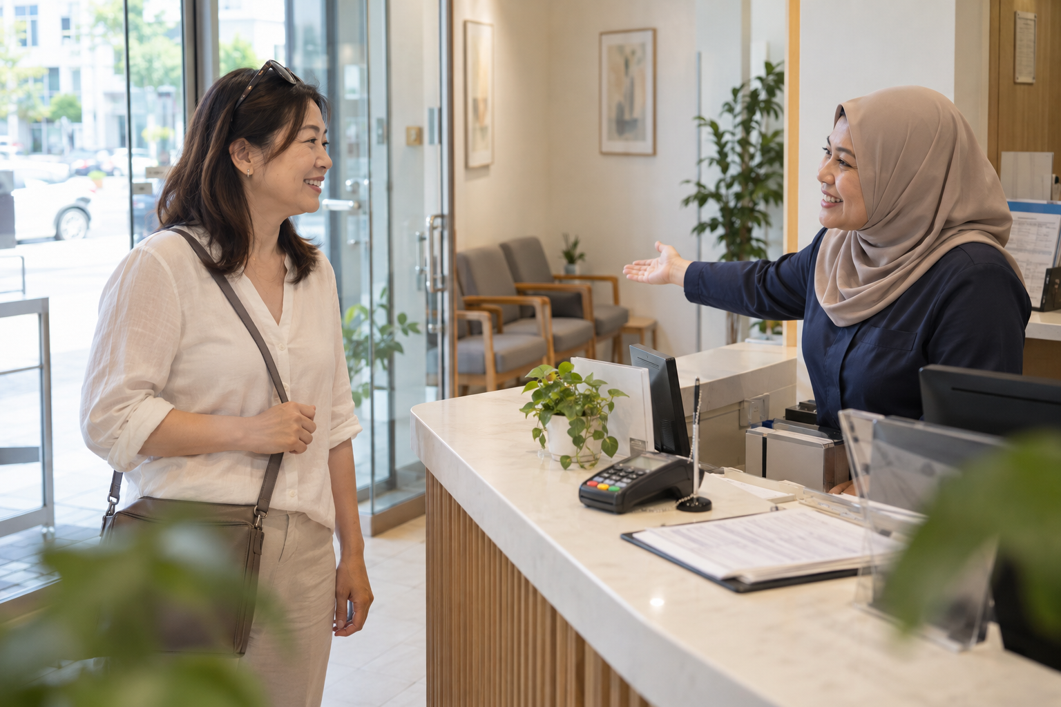 A receptionist welcoming a patient who has arrived for her appointment