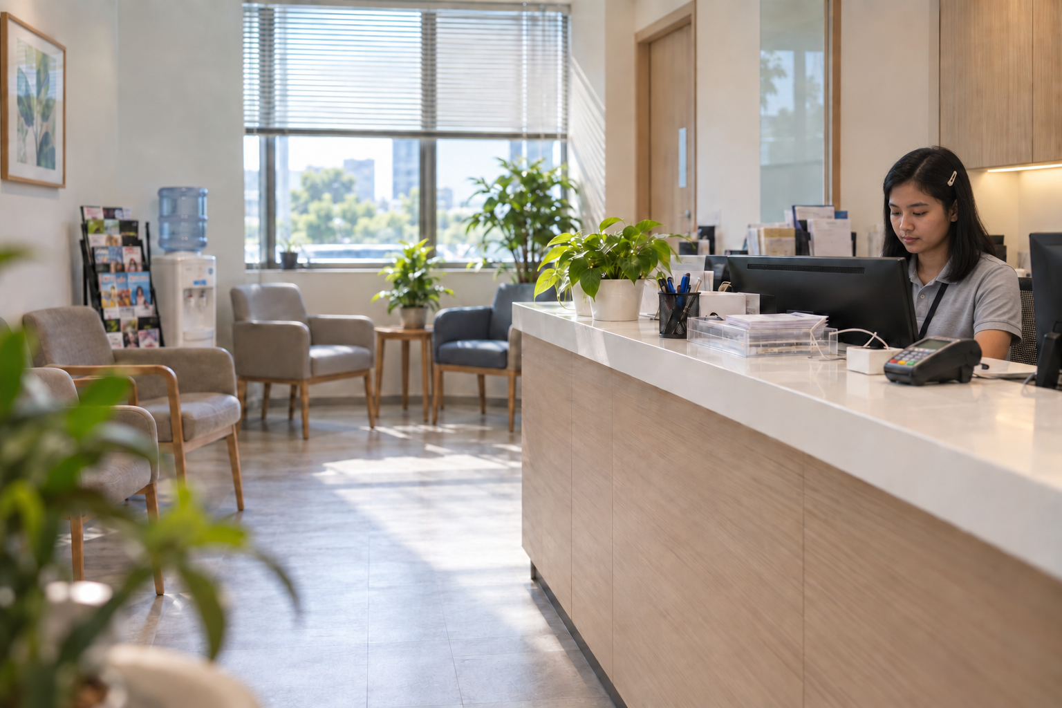 A private clinic reception with a receptionist at the counter