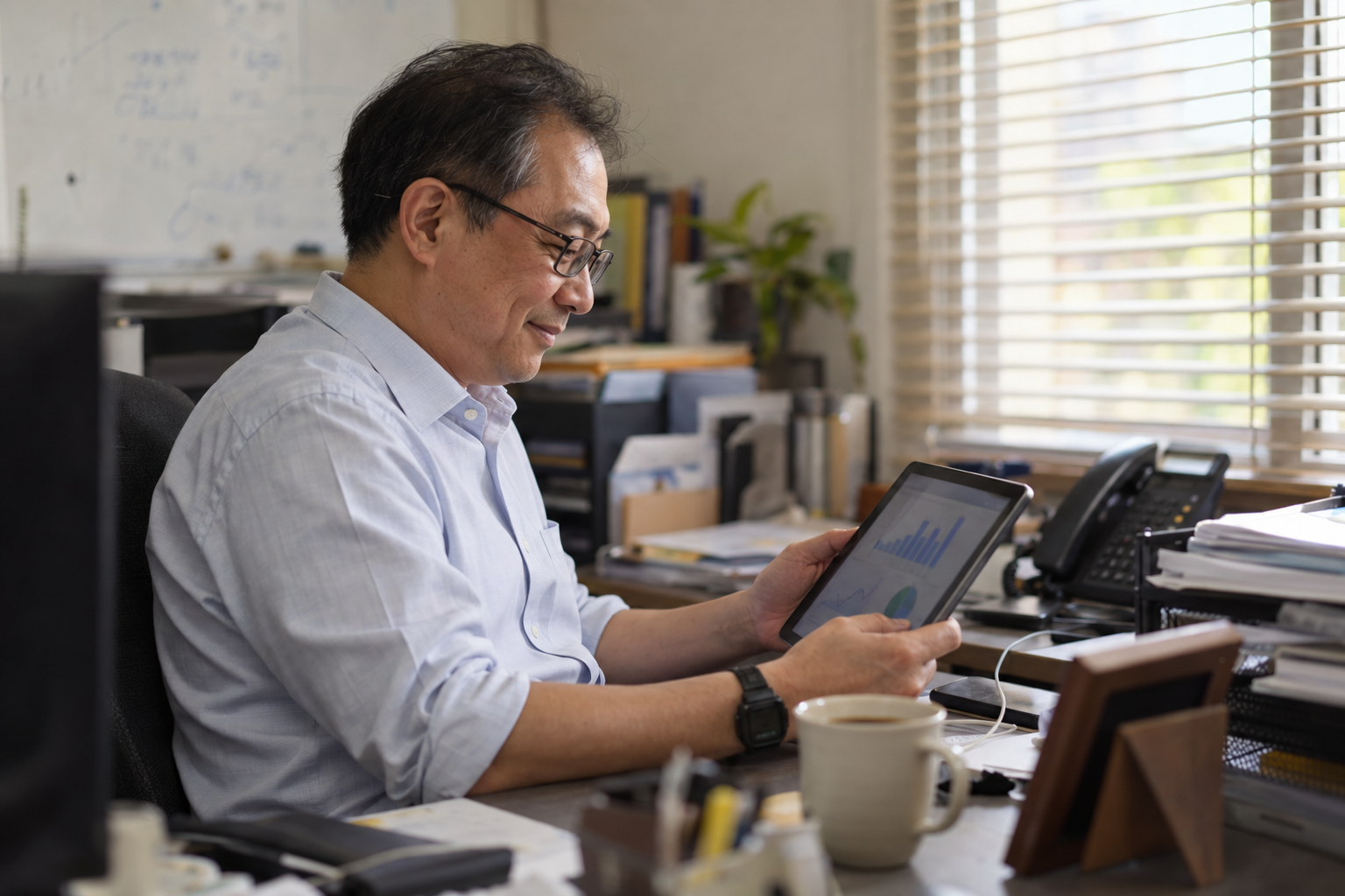 A clinic owner reviewing a report on a tablet in his office