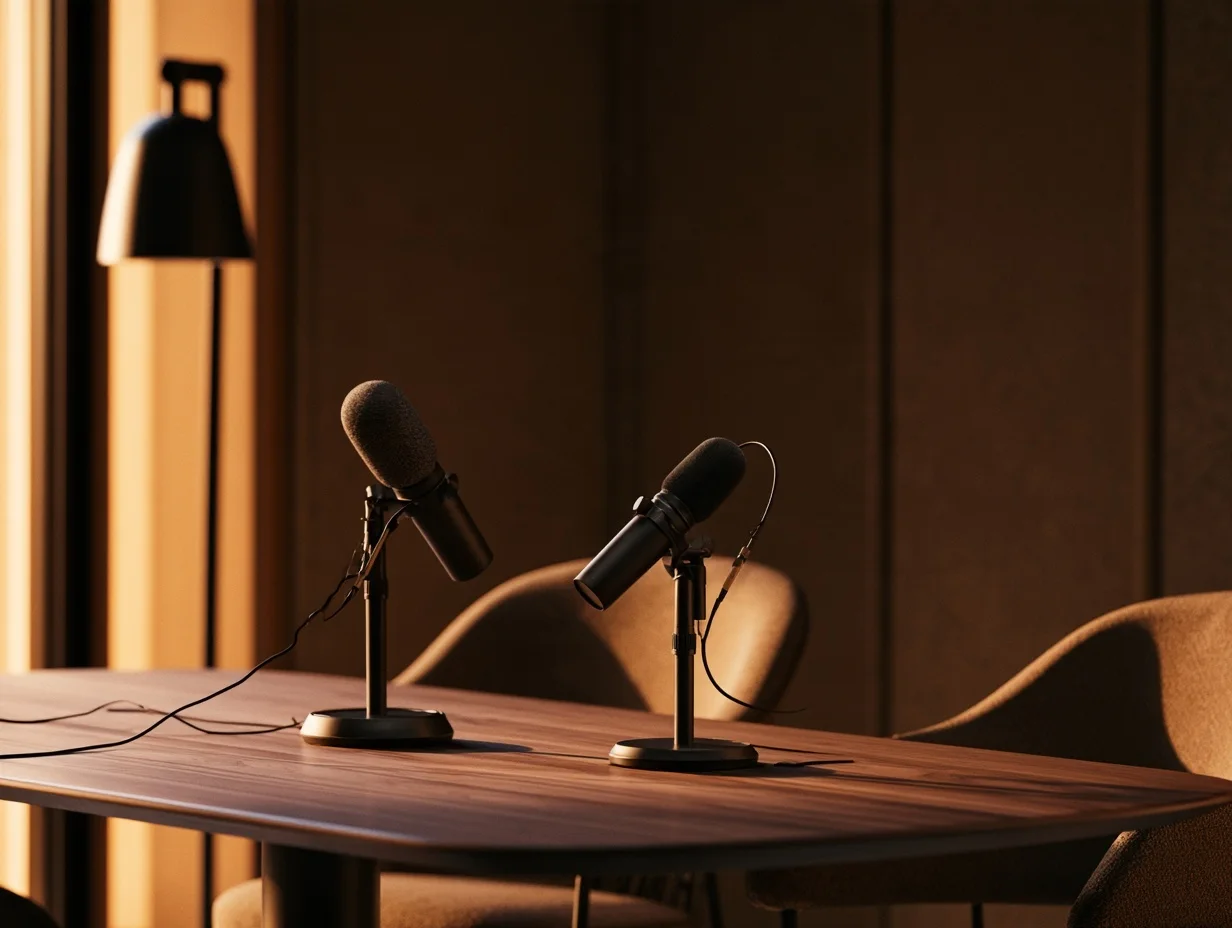 Concept image of a warmly lit podcast recording studio.