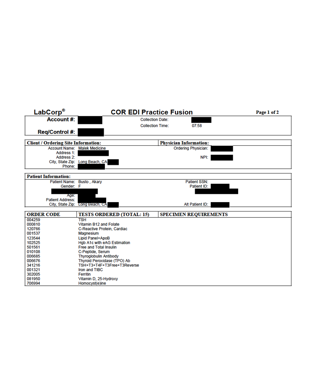 Bloodwork request Bloodwork request