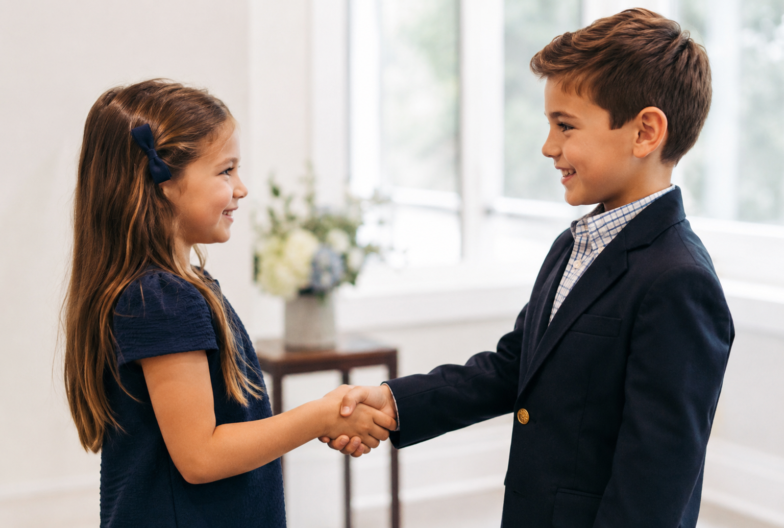 Young lady and gentlemen student grades 1-5 shaking hands confidently making eye contact and smiling during Pre-Cotillion Class at College Grove TN 