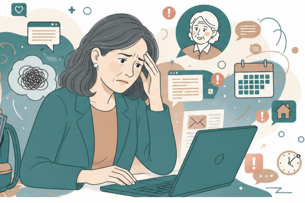 Midlife woman with ADHD working on laptop surrounded by collage of demands Midlife woman with ADHD working on laptop surrounded by collage of demands